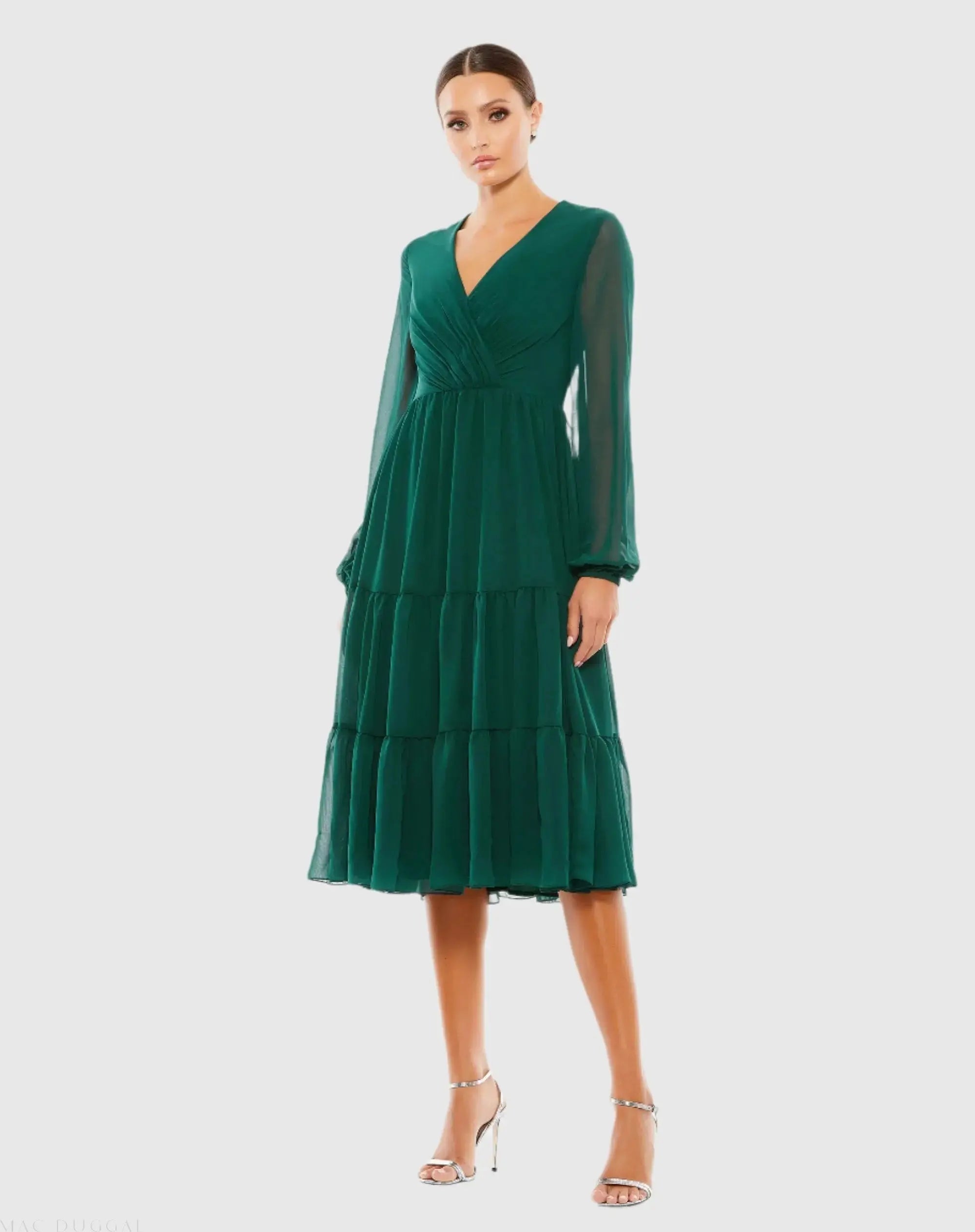 Ruched V-Neck Tiered Midi Dress